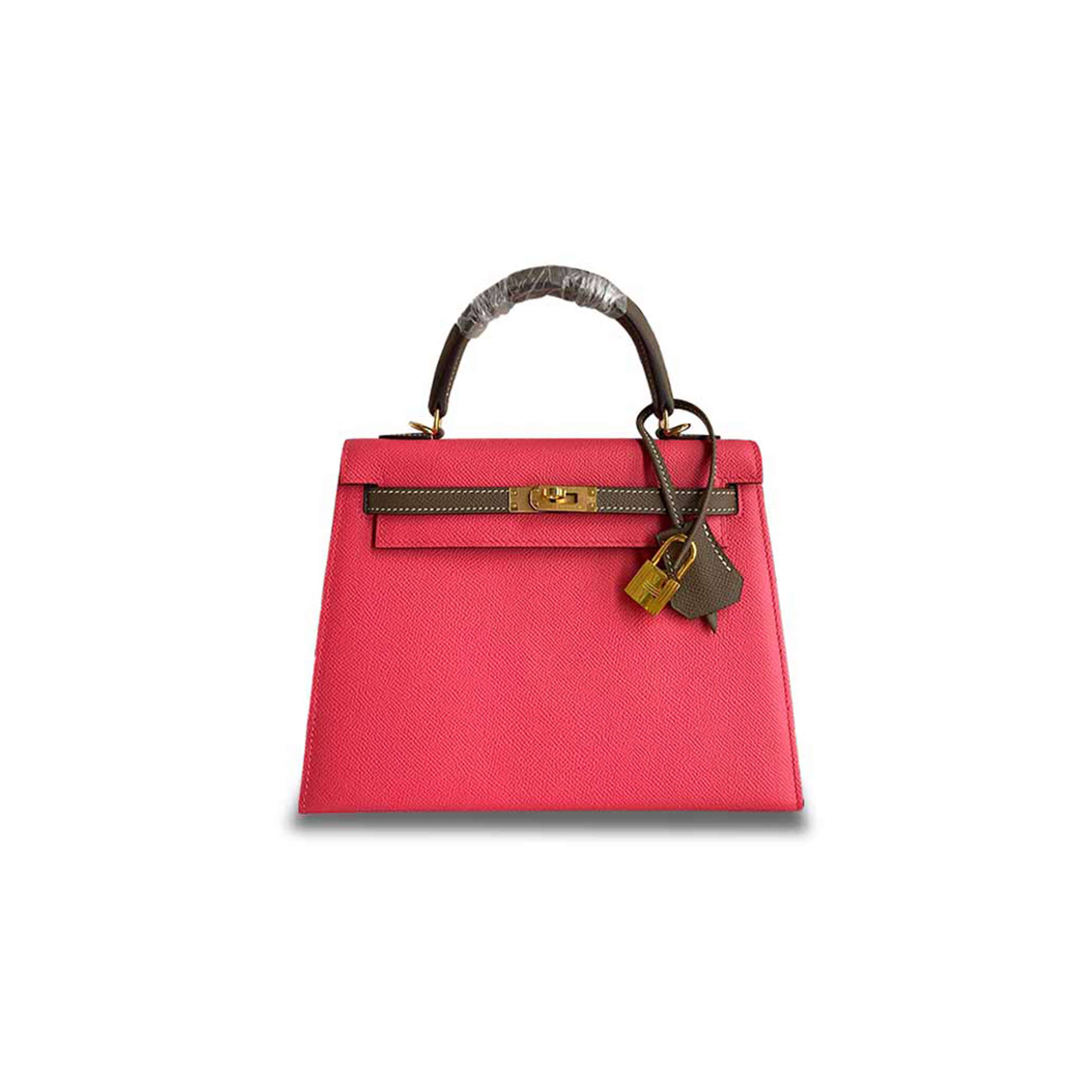 HERMÈS KELLY 25 EPSOM LEATHER LIPSTICK PINK ELEPHANT GRAY WAX THREAD GOLD BUCKLE (25*17*7cm)